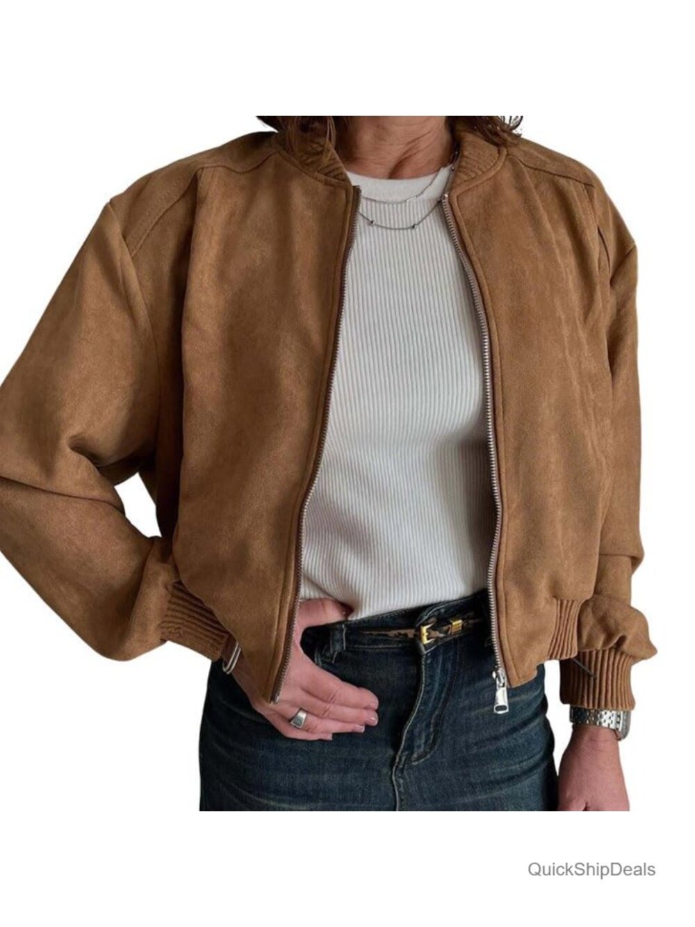 Faux Suede Bomber Jacket Cropped Zip Up Loose Fit Shacket Fall Outerwear